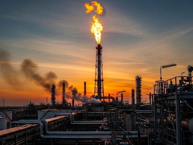 Refinery flare stack burning at sunset