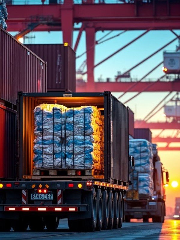Container loaded with palletised bags at the port
